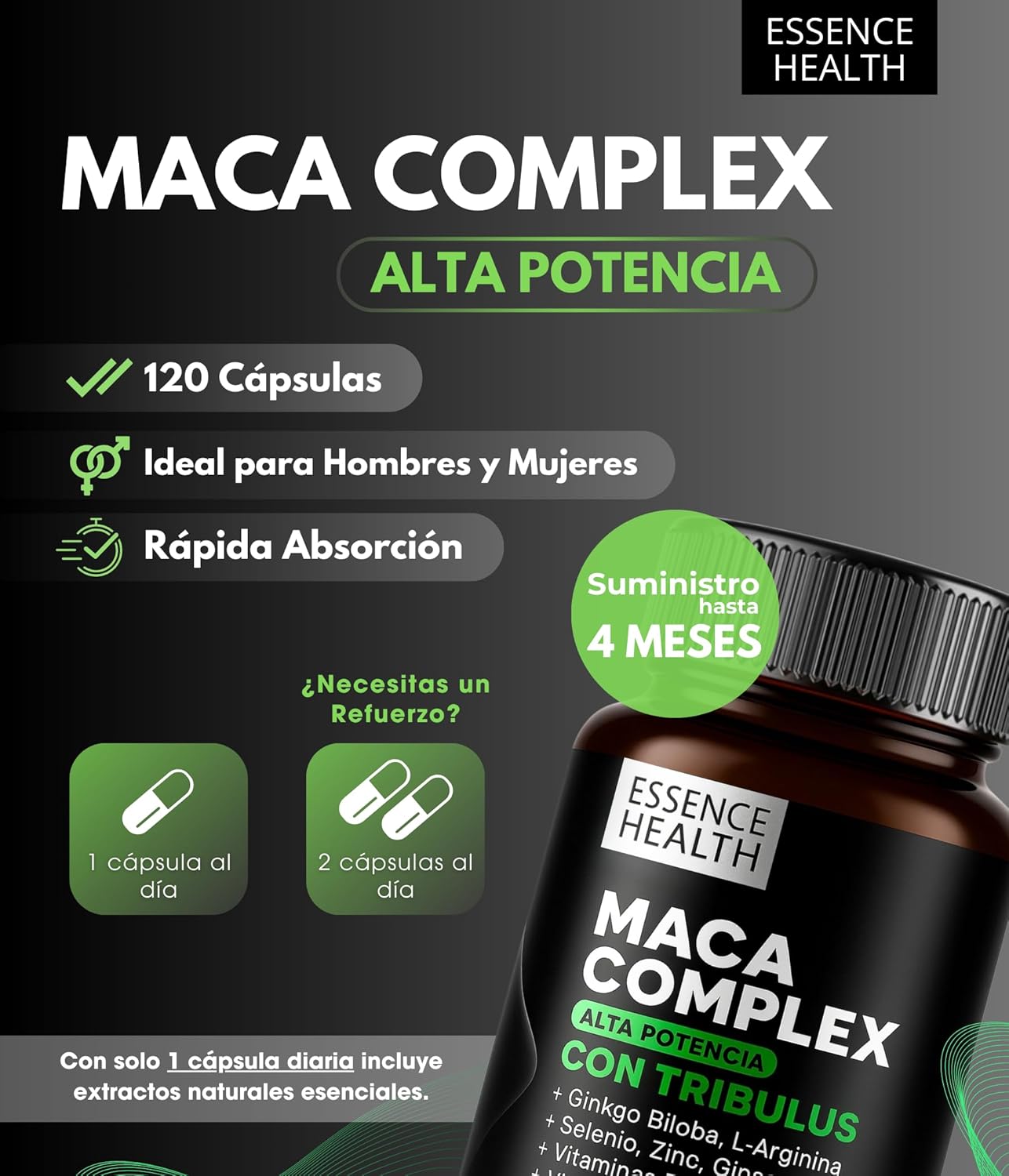 Maca Complex Andina Negra y Peruana | Alta Potencia | 120 Cápsulas | Tribulus Terrestris, Ginseng, Ginkgo Biloba, L-Arginina, Zinc, Selenio | Vit. C, D3, B6, B9, B12, E | Energía y Bienestar - %sitename% Maca Complex Andina Negra y Peruana | Alta Potencia | 120 Cápsulas | Tribulus Terrestris, Ginseng, Ginkgo Biloba, L-Arginina, Zinc, Selenio | Vit. C, D3, B6, B9, B12, E | Energía y Bienestar - %sitename%