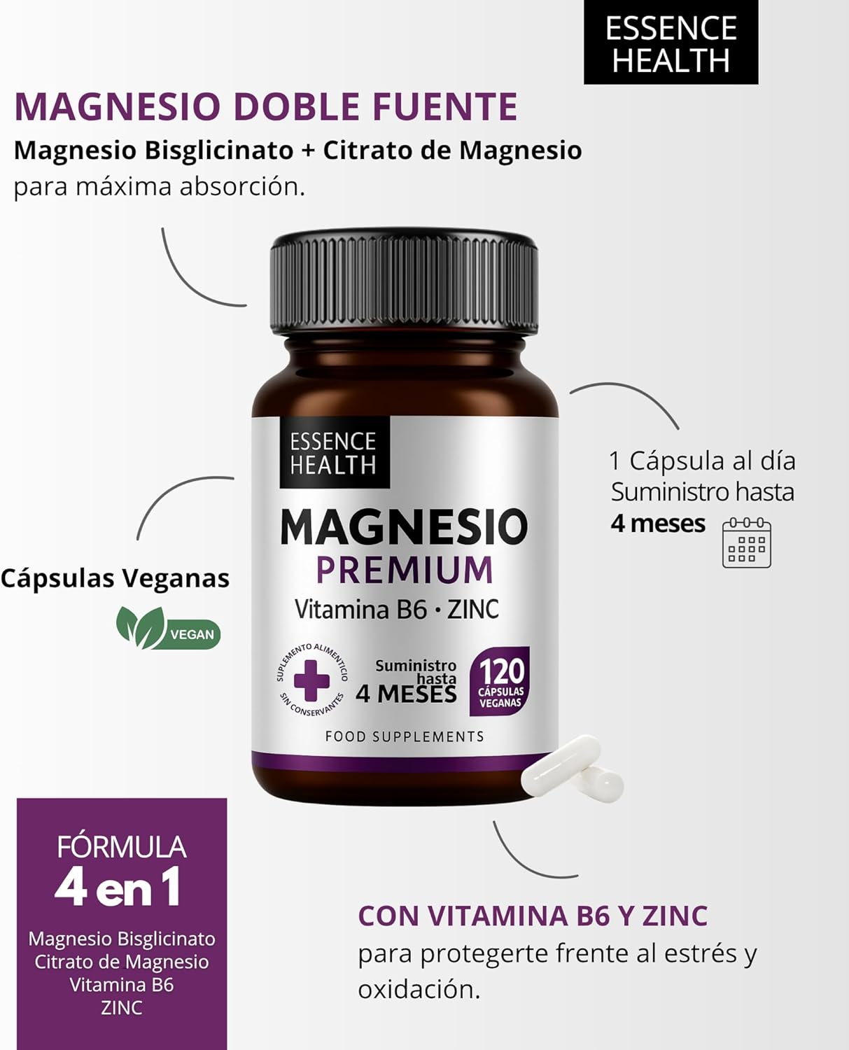 Premium Magnesio Complex 2446 mg | Bisglicinato Alta Absorción + Citrato + Zinc + B6 | 120 Cápsulas Veganas | Apoyo Muscular, Estrés y Energía | 4 en 1 - %sitename% Premium Magnesio Complex 2446 mg | Bisglicinato Alta Absorción + Citrato + Zinc + B6 | 120 Cápsulas Veganas | Apoyo Muscular, Estrés y Energía | 4 en 1 - %sitename%
