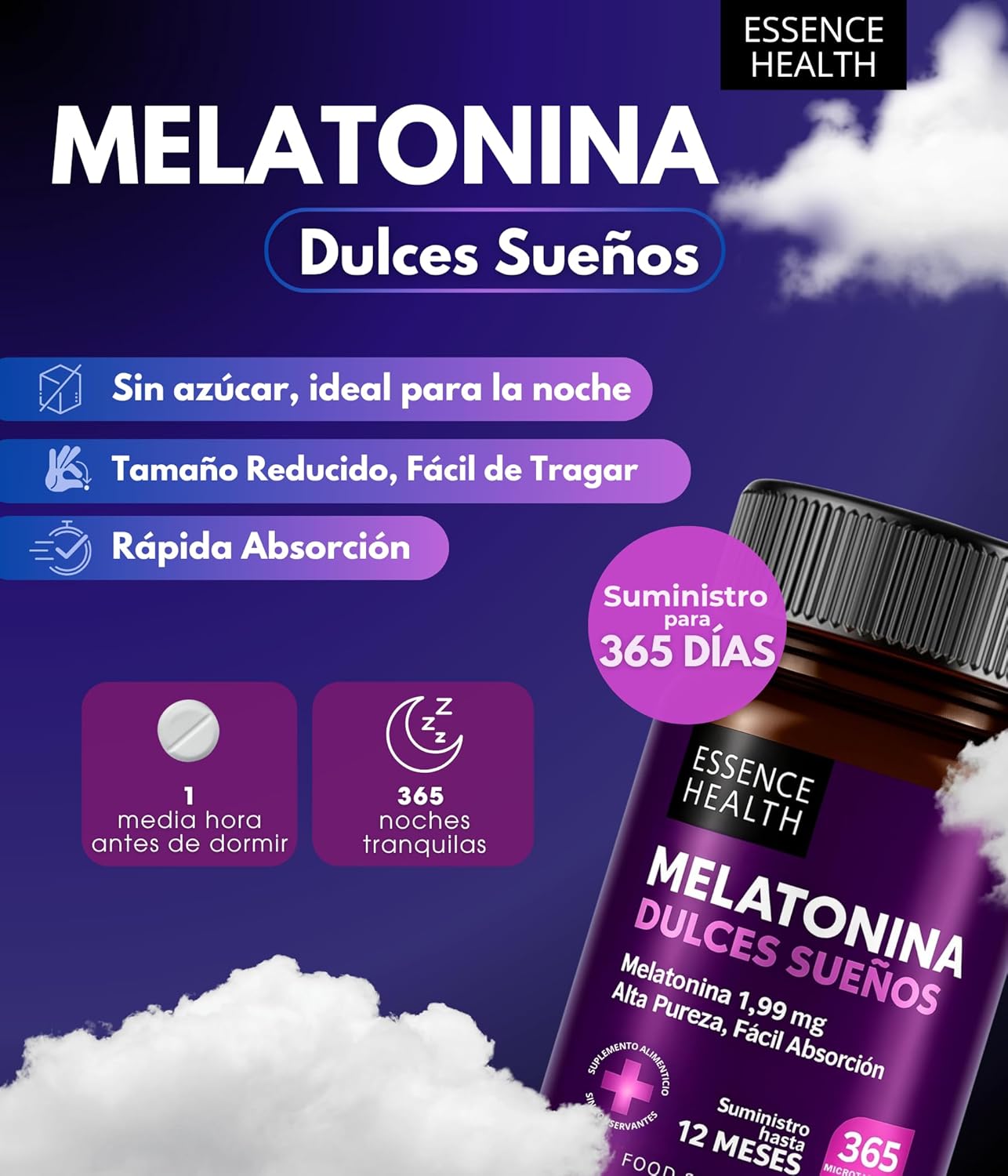 Melatonina Pura 1,9 mg Alta Absorción | 365 Comprimidos | Suplemento Natural | Pastillas para Dormir Profundo y Reparador | Ritmo Circadiano | Descanso y Sueño de Calidad - %sitename% Melatonina Pura 1,9 mg Alta Absorción | 365 Comprimidos | Suplemento Natural | Pastillas para Dormir Profundo y Reparador | Ritmo Circadiano | Descanso y Sueño de Calidad - %sitename%